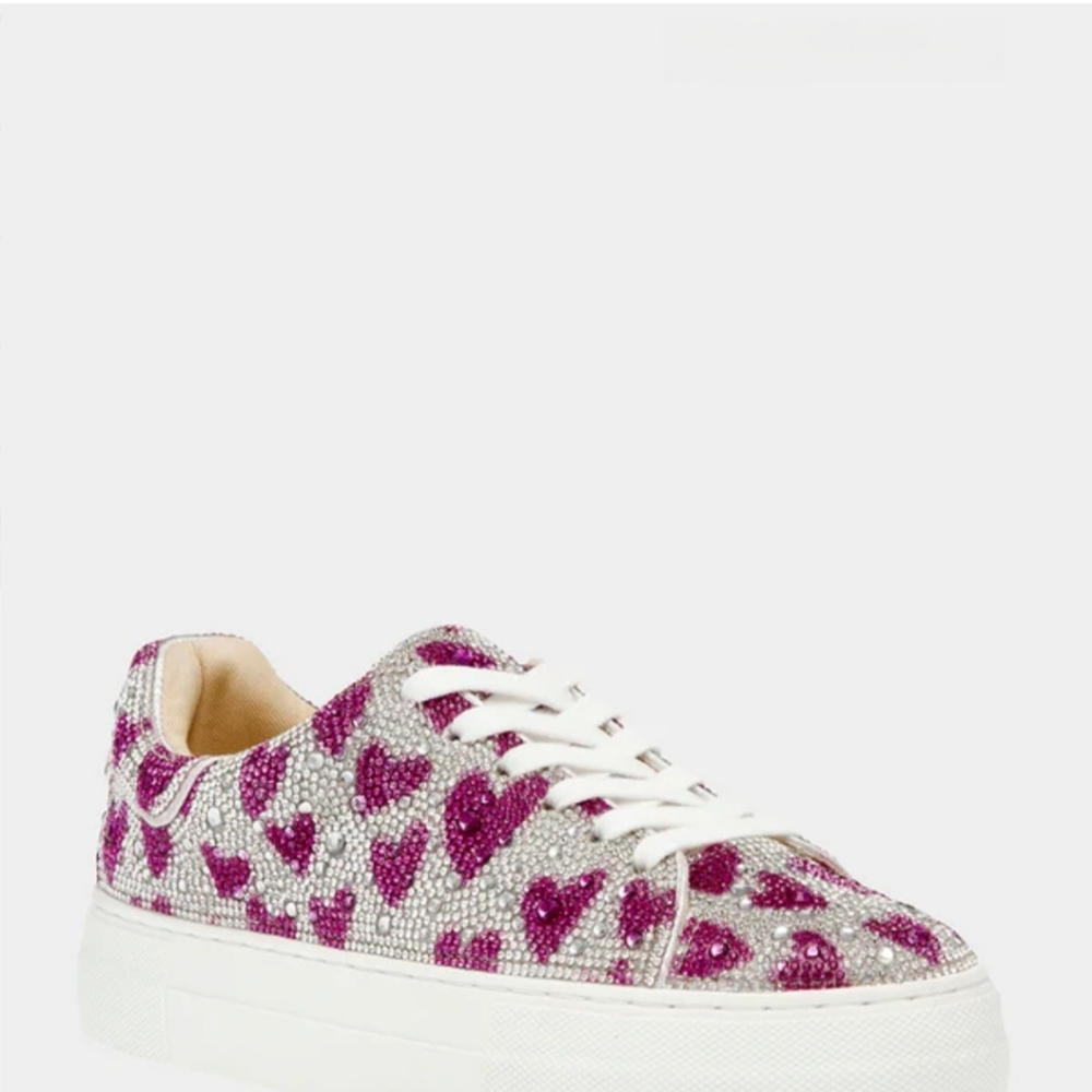 Betsey Johnson Sidny Sneakers Fuschia Heart Rhinestone!